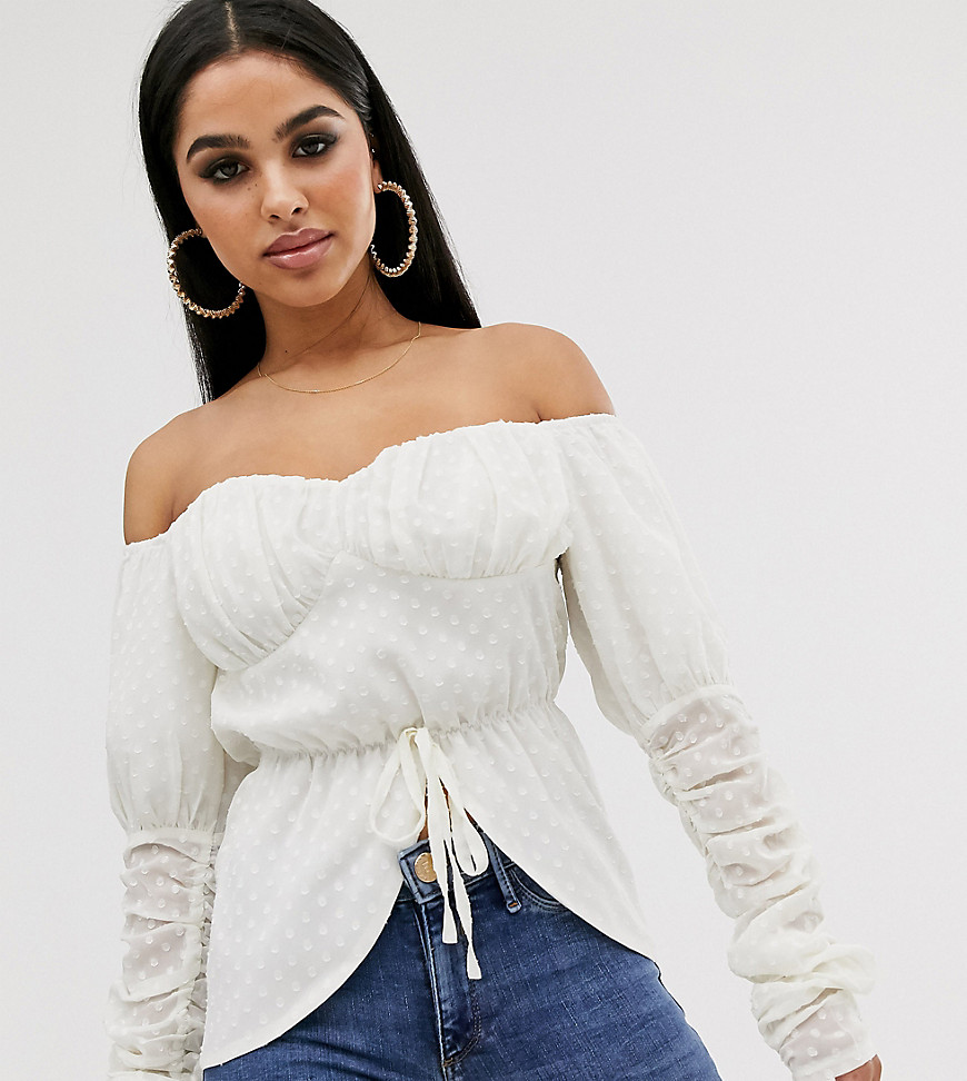 PrettyLittleThing Petite bardot blouse with tie waist and shirred detail in cream dobby