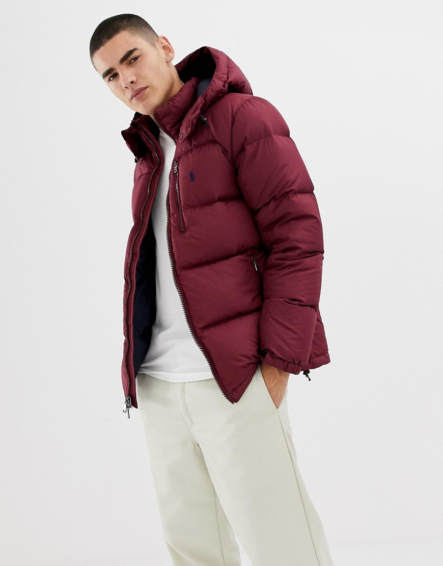 Polo Ralph Lauren down puffer jacket detachable hood player logo in burgundy