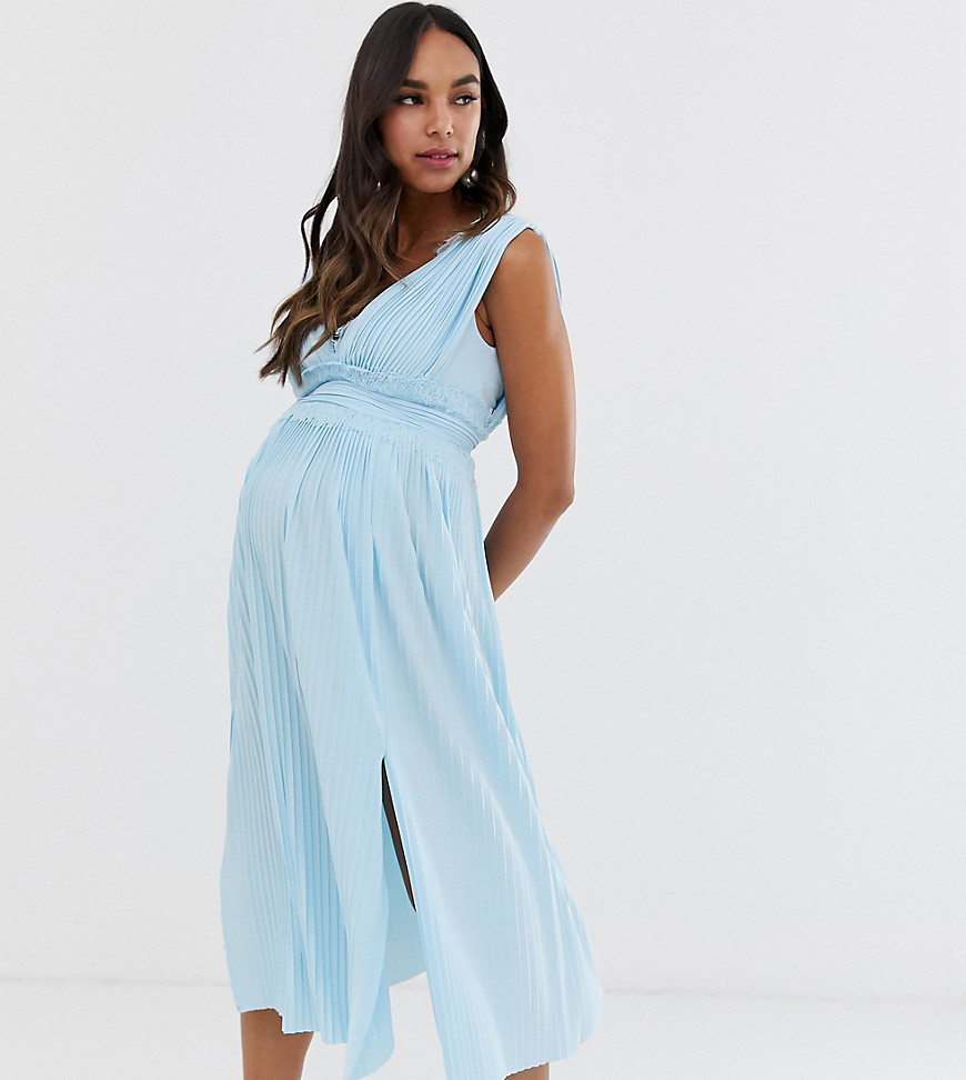 ASOS DESIGN Maternity Premium Lace Insert Pleated Midi Dress