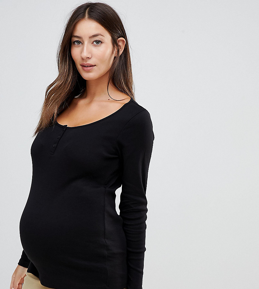 ASOS DESIGN Maternity long sleeve t-shirt with button front in black