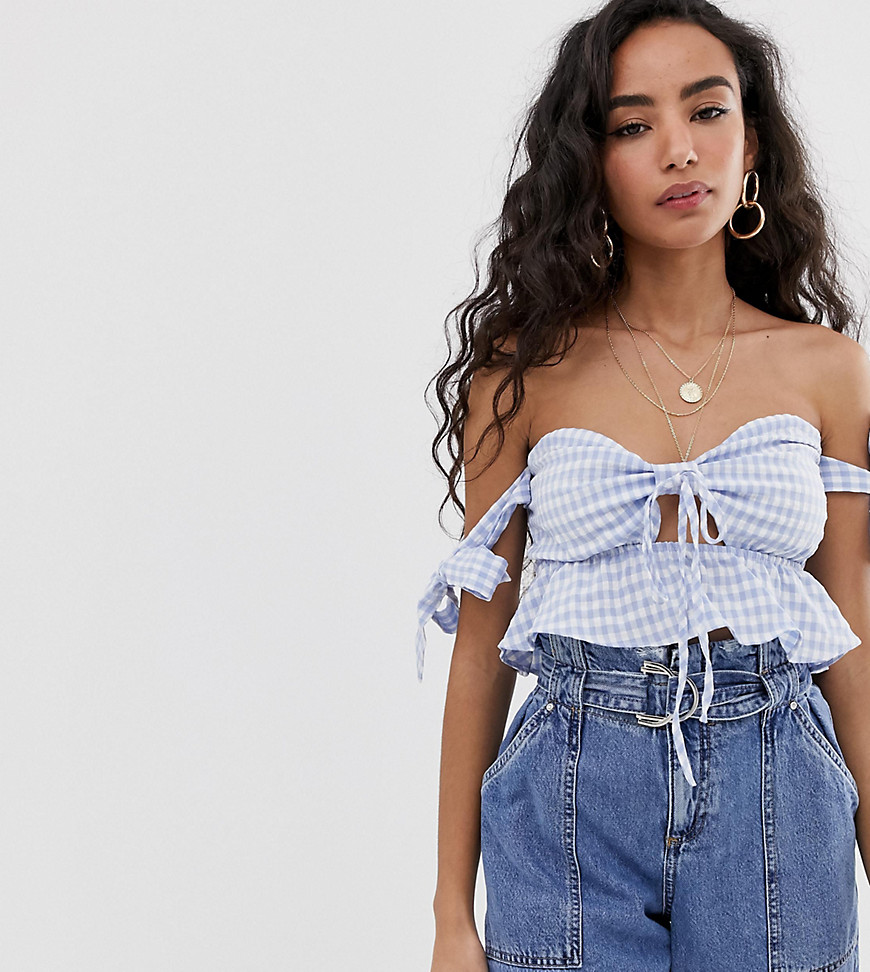 Glamorous Petite crop top with tie front in gingham
