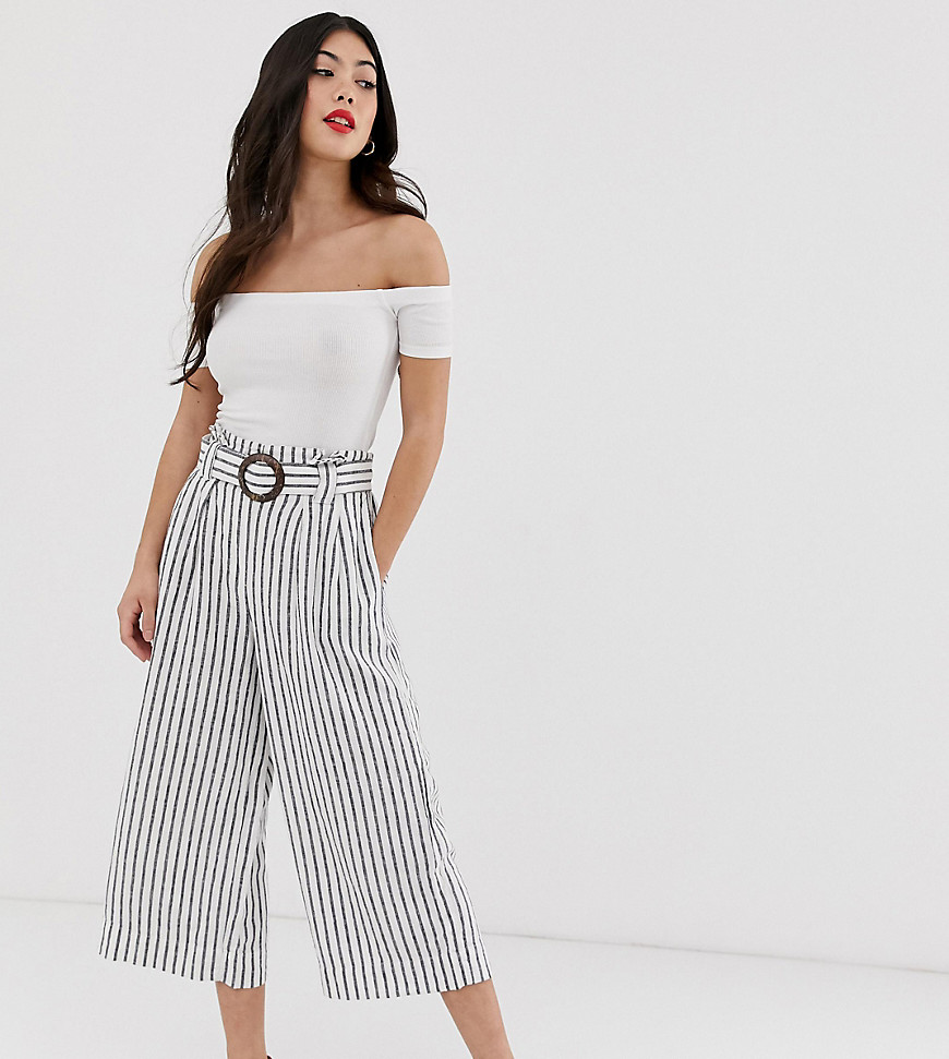 New Look Petite stripe linen crop trouser in cream pattern