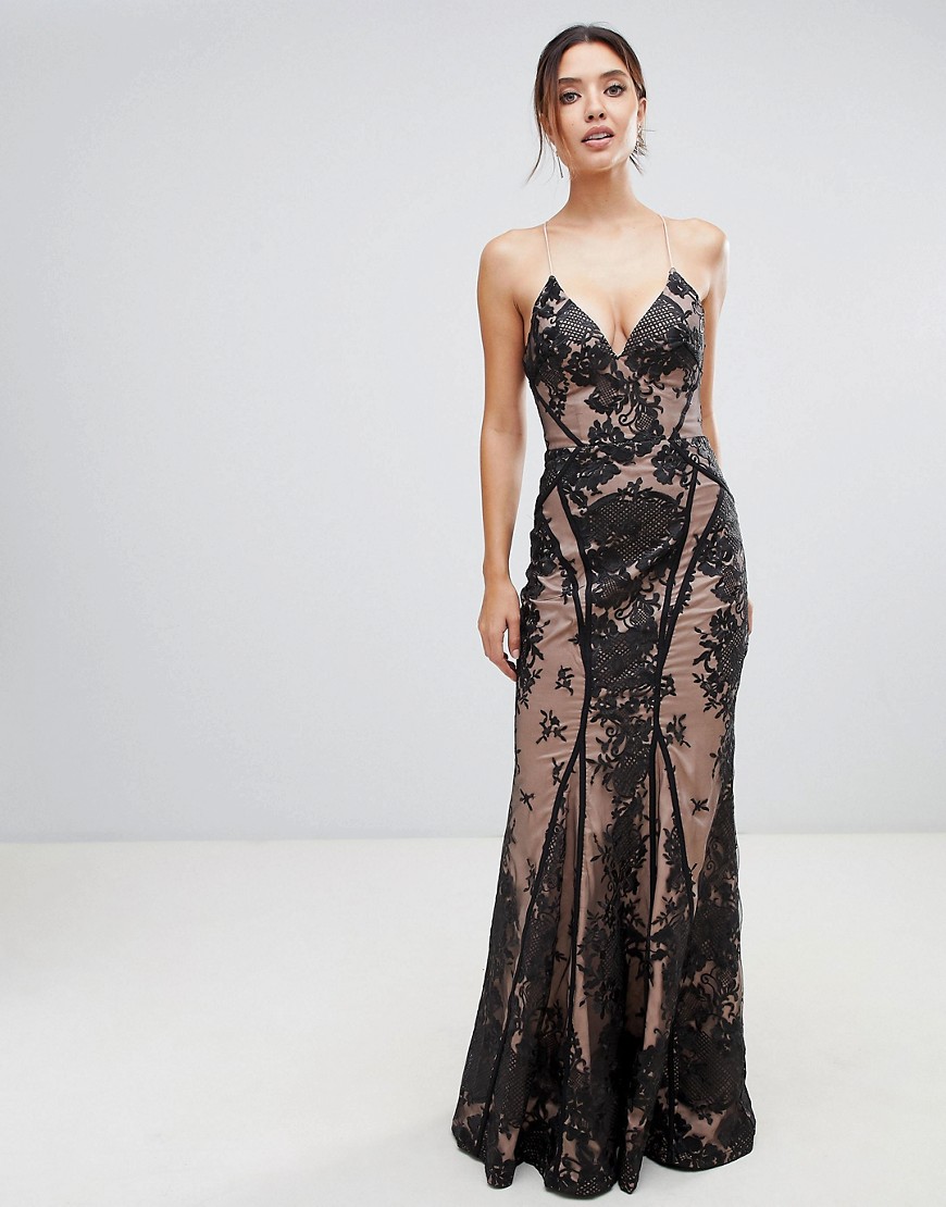 Bariano allover lace cami maxi dress with strappy back in black