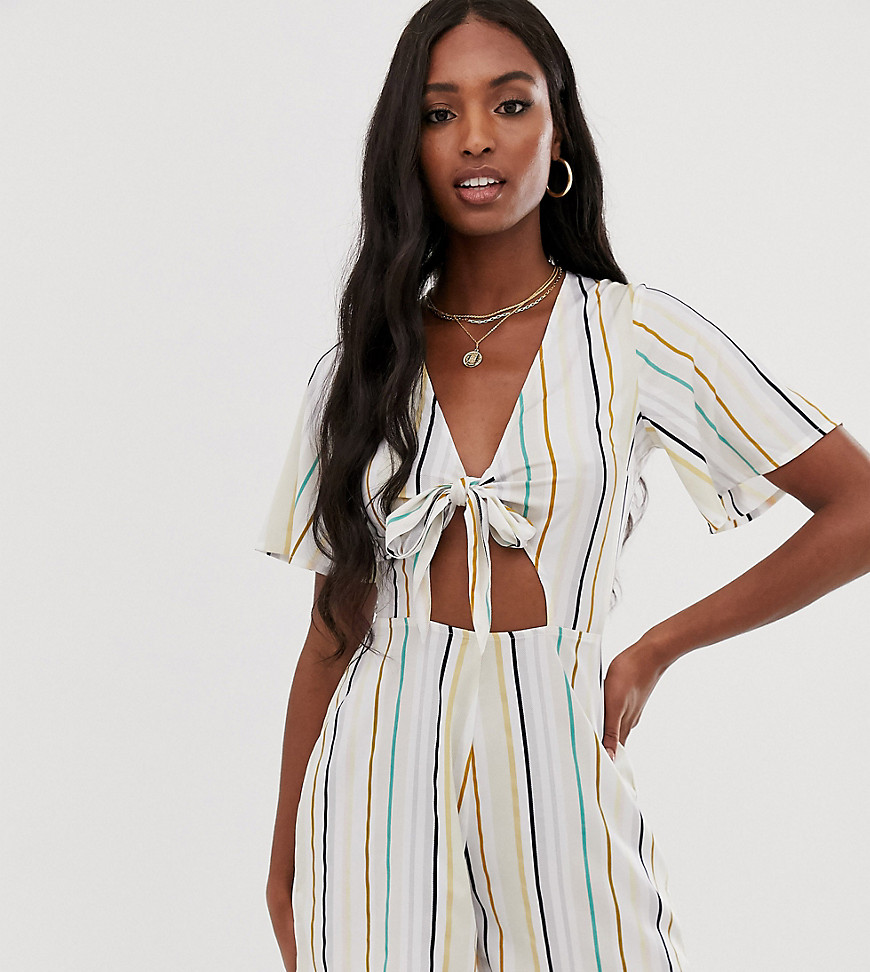Influence Tall tie front playsuit in natural stripe