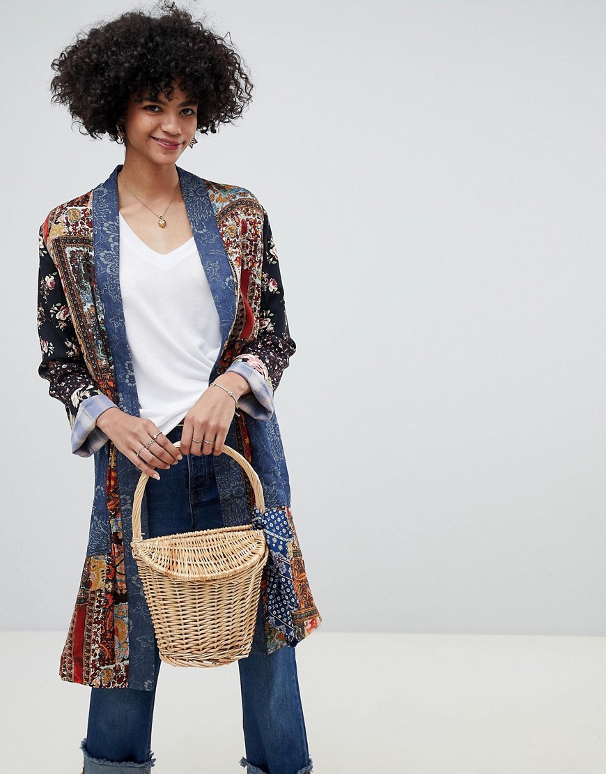 Free People songbird patched longline coat - Blue combo