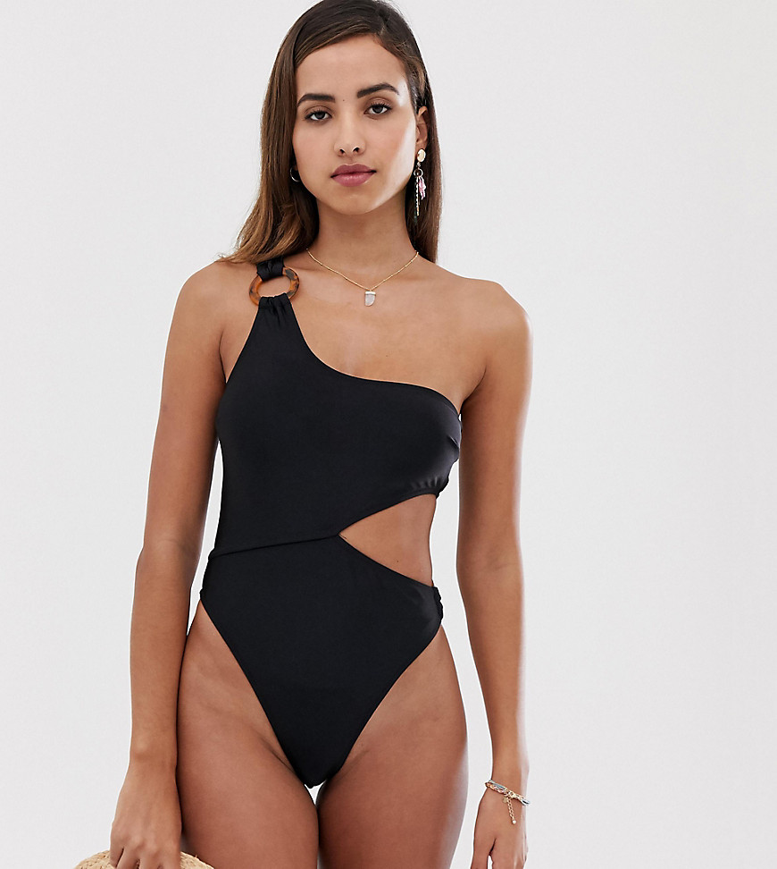 South Beach shine tortoise shell cut out swimsuit in black