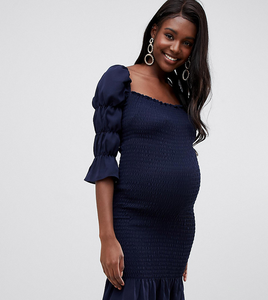 Queen Bee Maternity square neck shirred pencil dress in navy