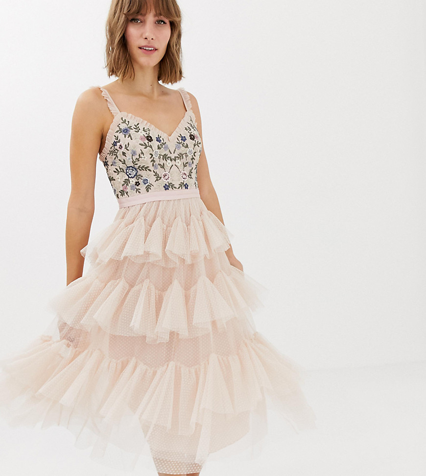 Needle & Thread embroidered tiered tulle midi dress in rose
