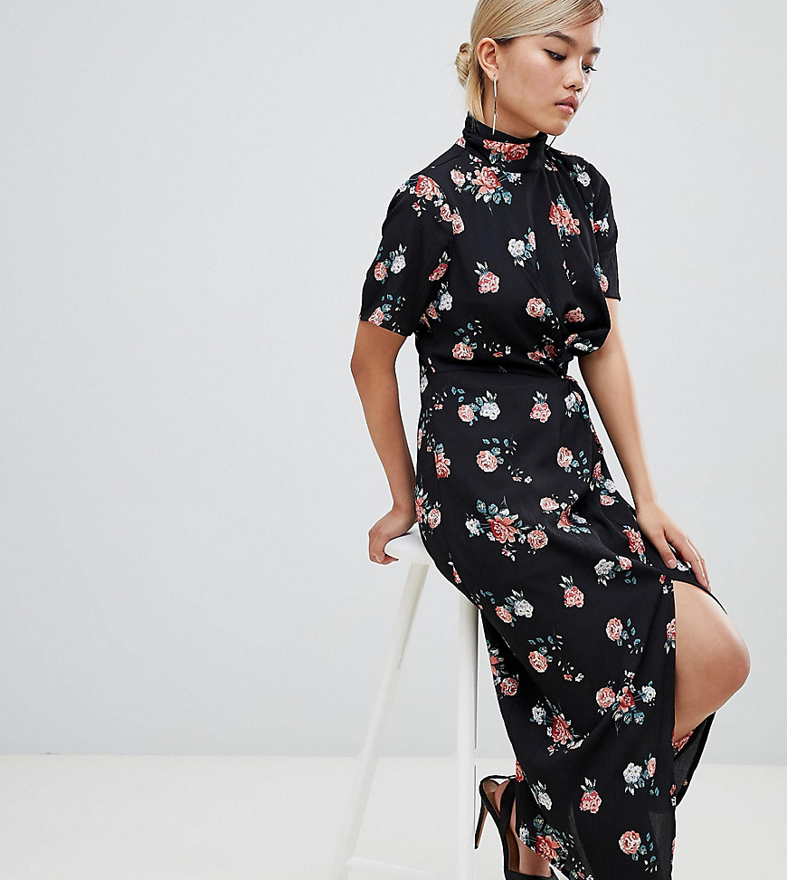 Fashion Union Petite High Neck Midi Dress With Ruched Front Detail In Vintage Floral