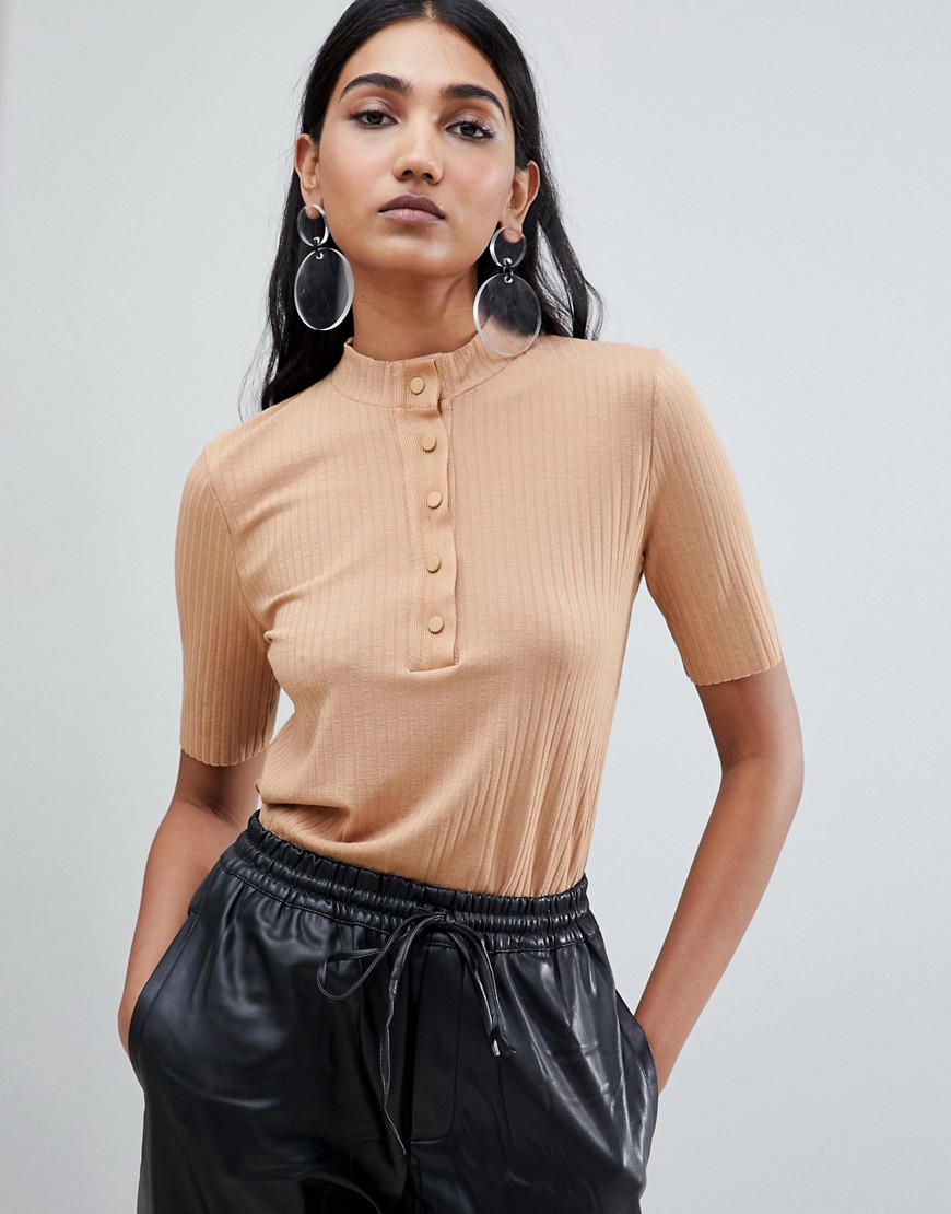 Mango ribbed button detail sleeve top in beige