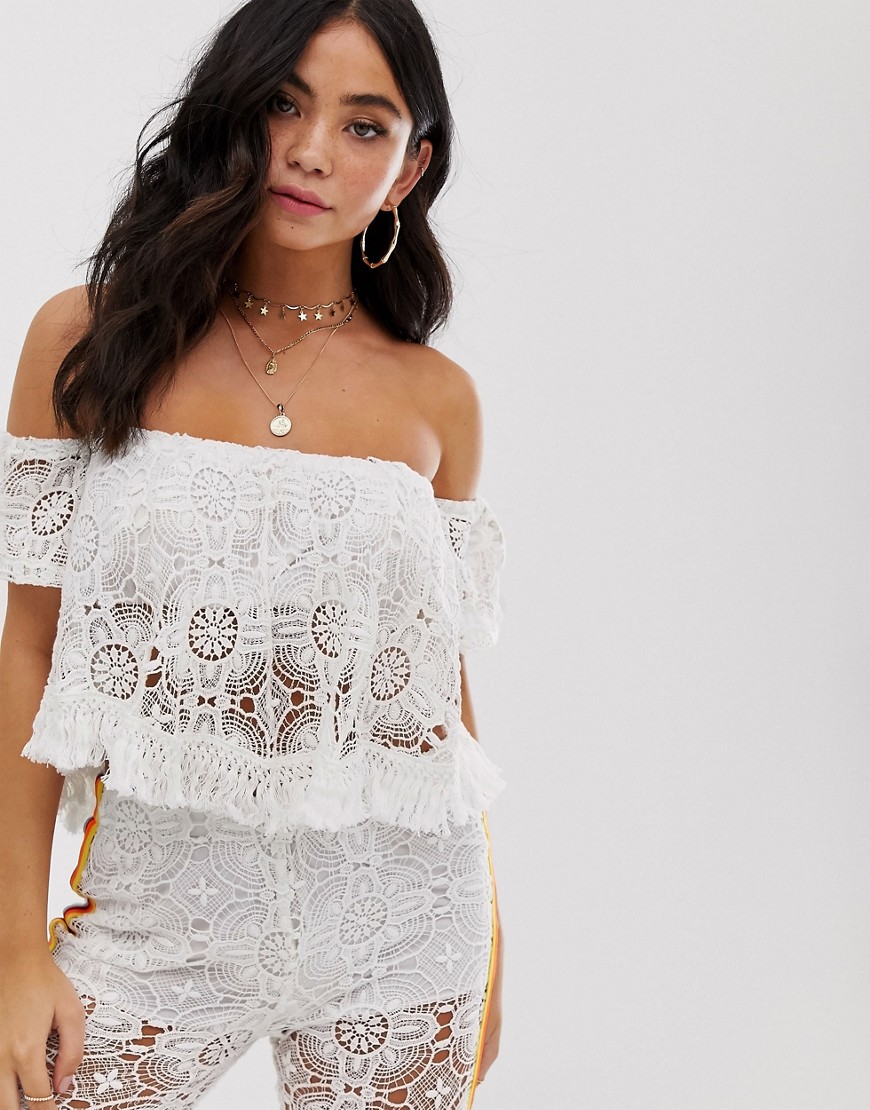 White Cabana white lace crop top co ord with rainbow stripe