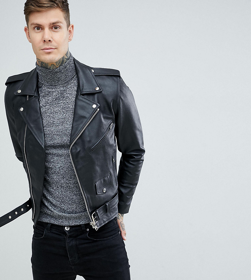 Reclaimed Vintage inspired leather biker jacket in black