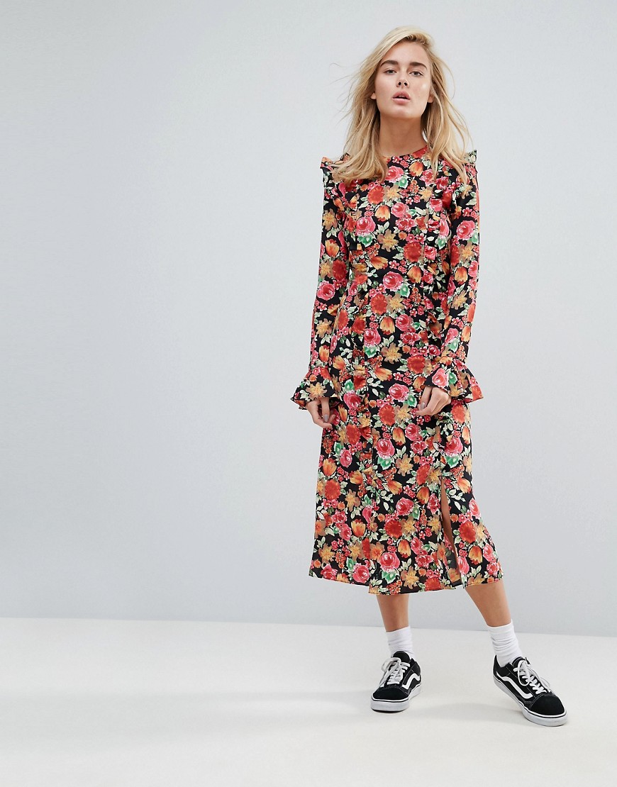 STYLENANDA Midi Tea Dress in Bright Floral Print