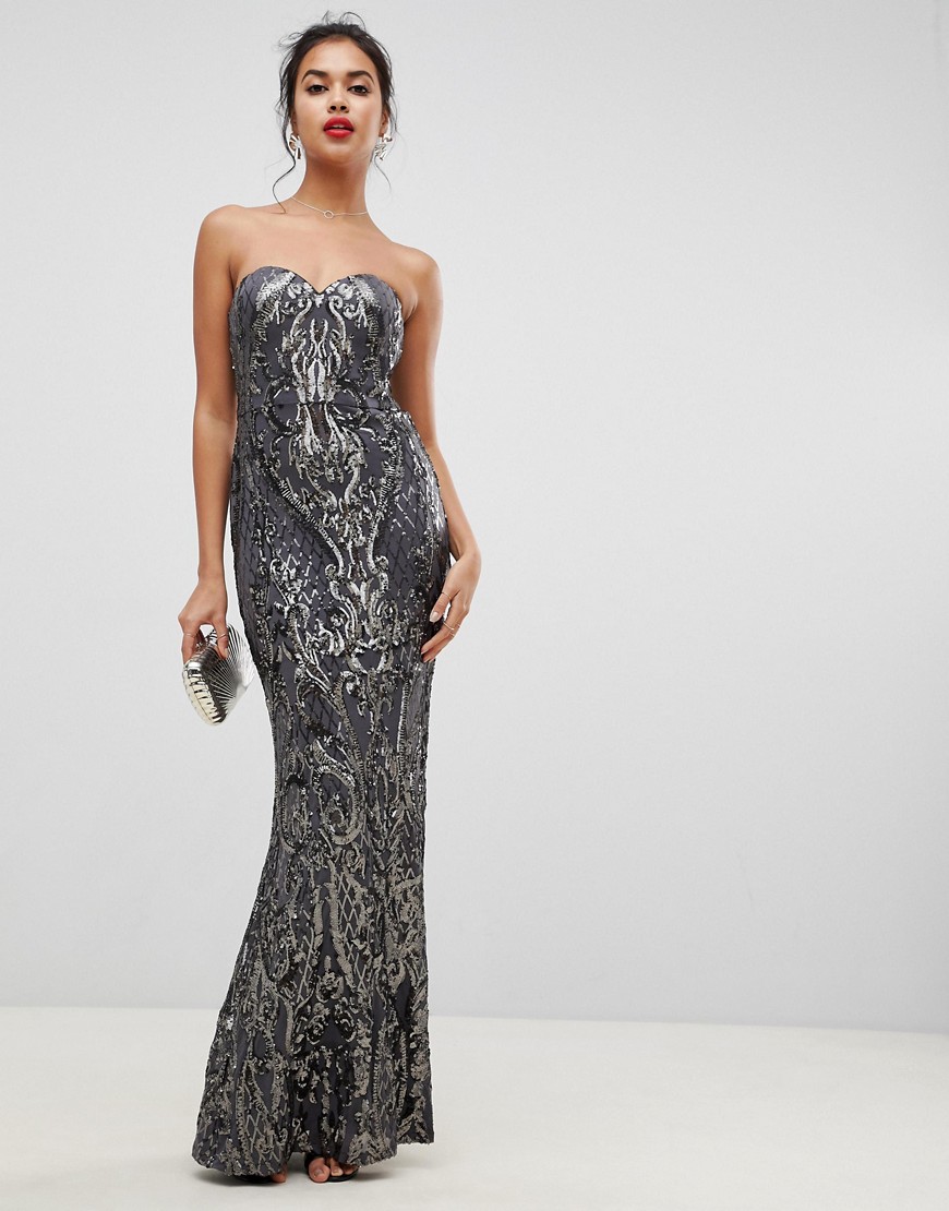 Bariano embellished patterned sequin sweetheart bandeau maxi dress in charcoal