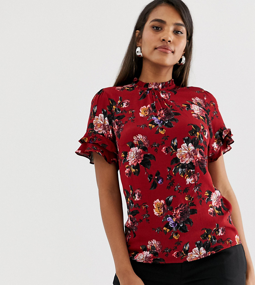 Oasis high neck blouse with ruffle cap sleeves in red floral