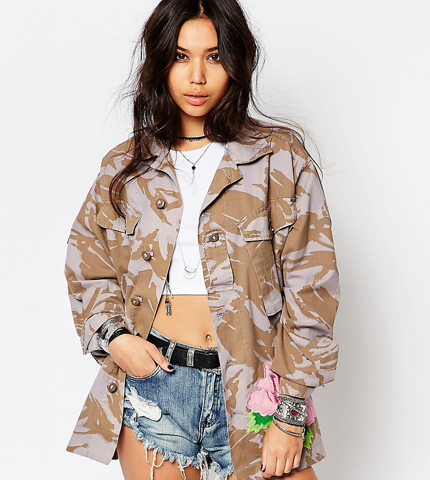 Reclaimed Vintage Oversized Military Jacket In Camo With Large Rose Embroiderey - Blue