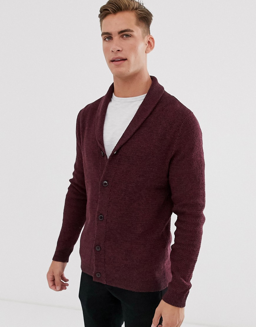 Selected Homme organic cotton knitted shawl cardigan in burgundy