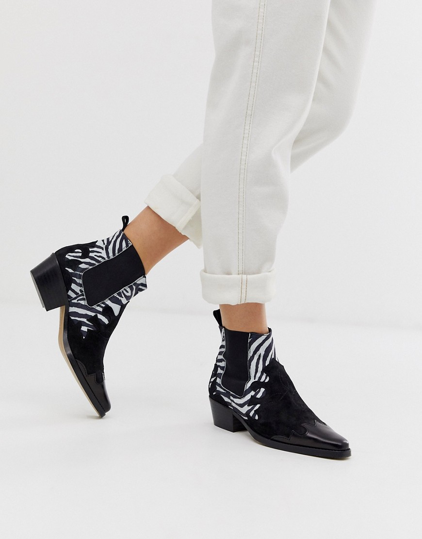 ASOS WHITE Snapdragon leather western ankle boots in black and zebra