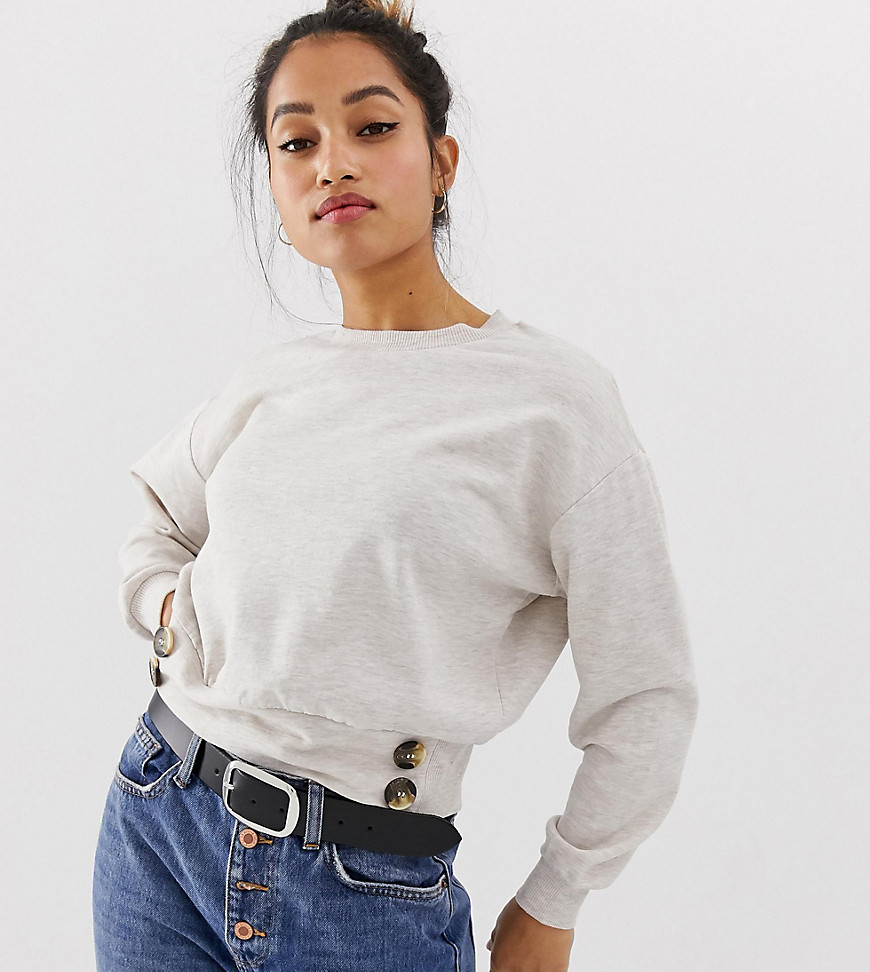 ASOS DESIGN Petite batwing sweatshirt with buttons in oatmeal marl
