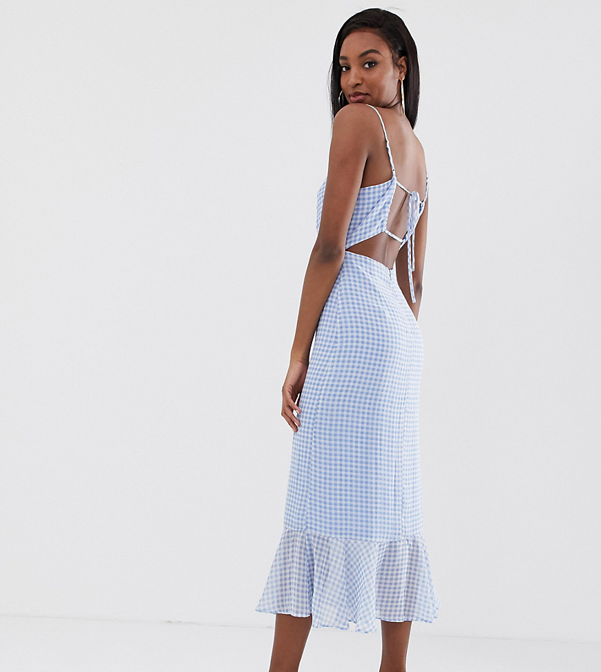 Fashion Union Tall cami midi dress with peplum hem and lace up back in gingham