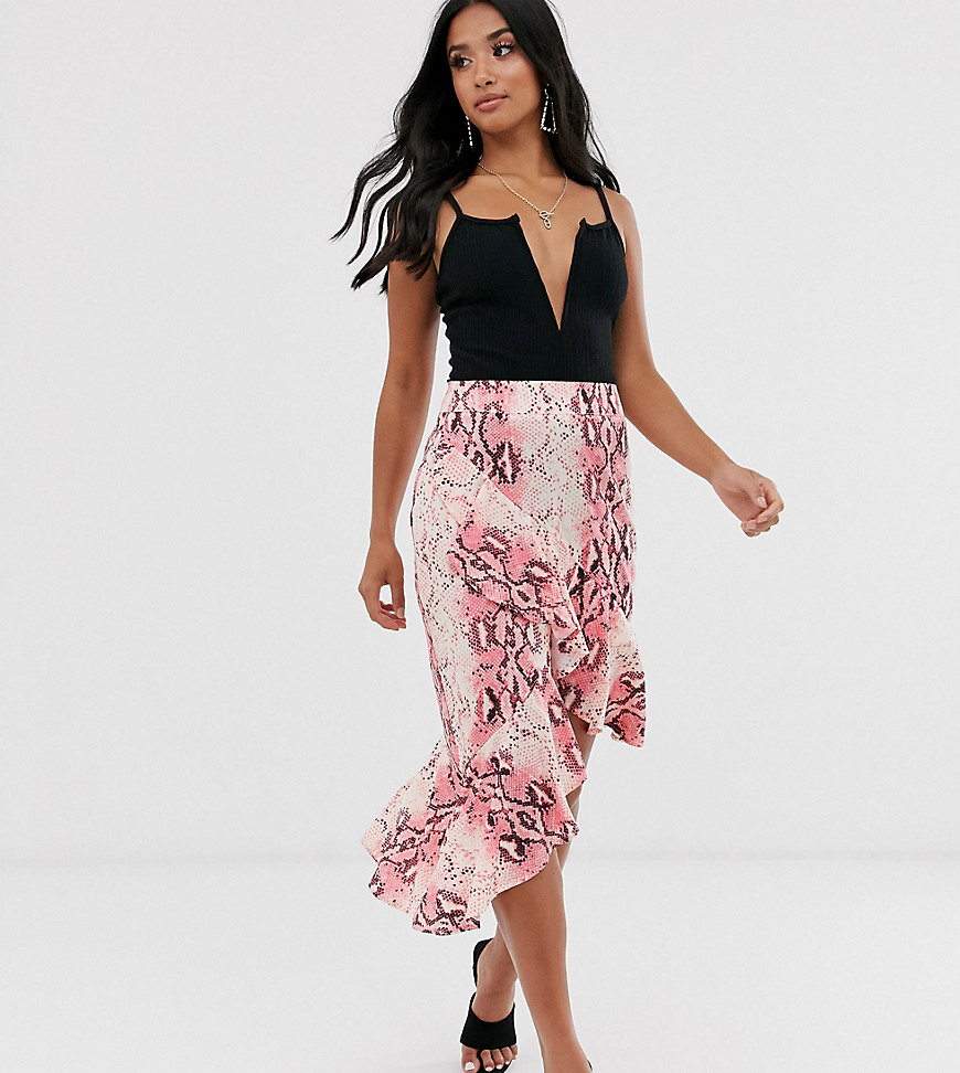 PrettyLittleThing Petite midi wrap skirt with frill detail in pink snake