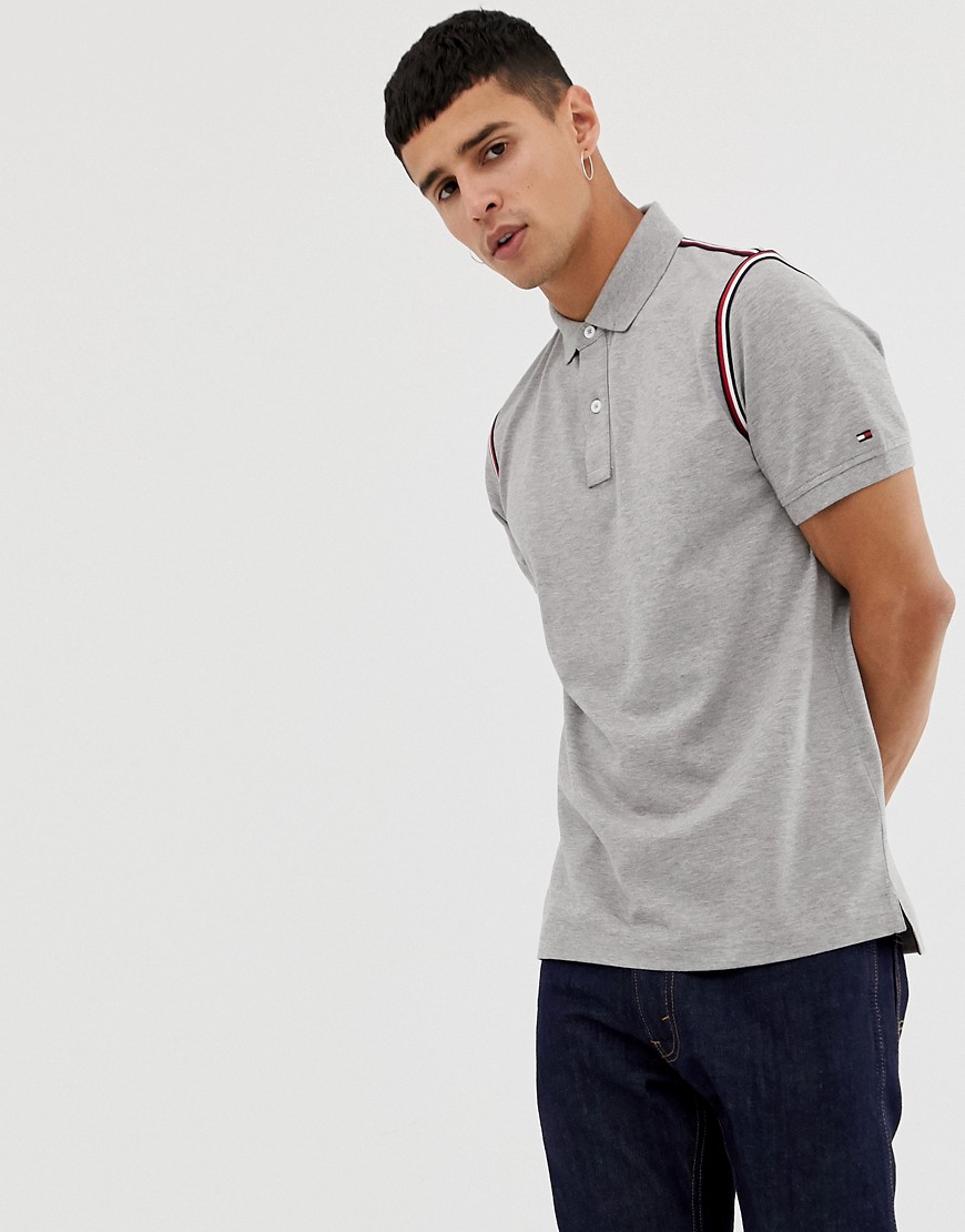 Tommy Hilfiger icon tape trim pique polo slim fit in grey marl
