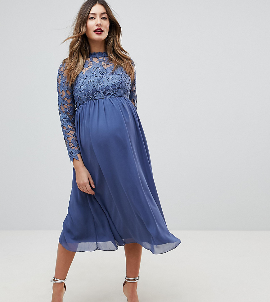 Chi Chi London Maternity High Neck Midi Skater Dress With Lace Sleeves - Blue