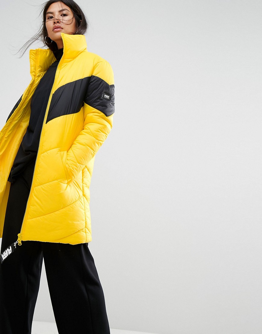 Puffa Oversized Longline Jacket With Contrast Chevron Panel - Yellow