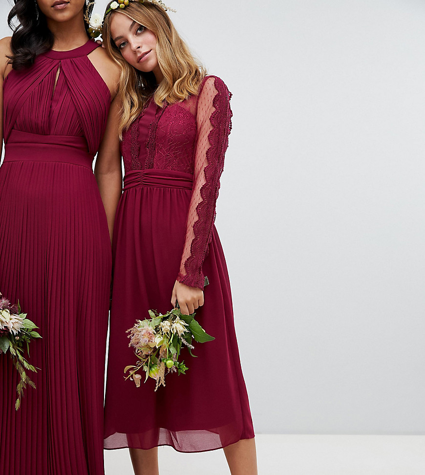 TFNC Petite lace detail bridesmaid midi dress in burgundy