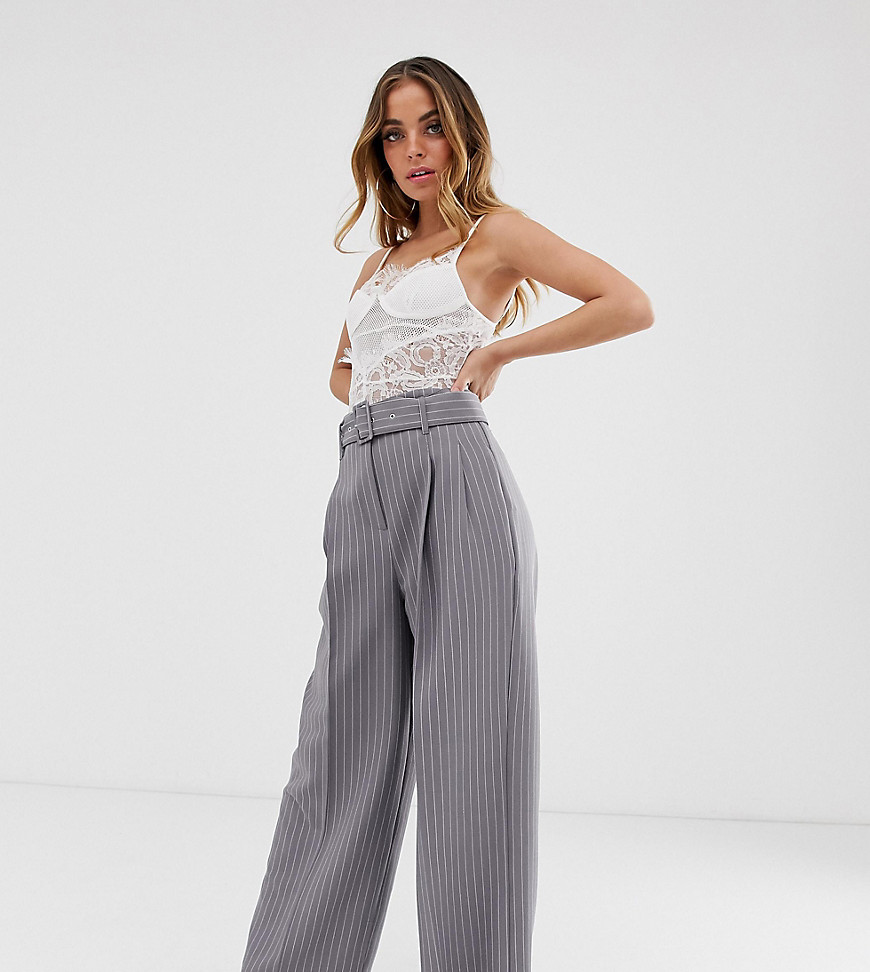 ASOS DESIGN Petite belted wide leg trousers in pinstripe
