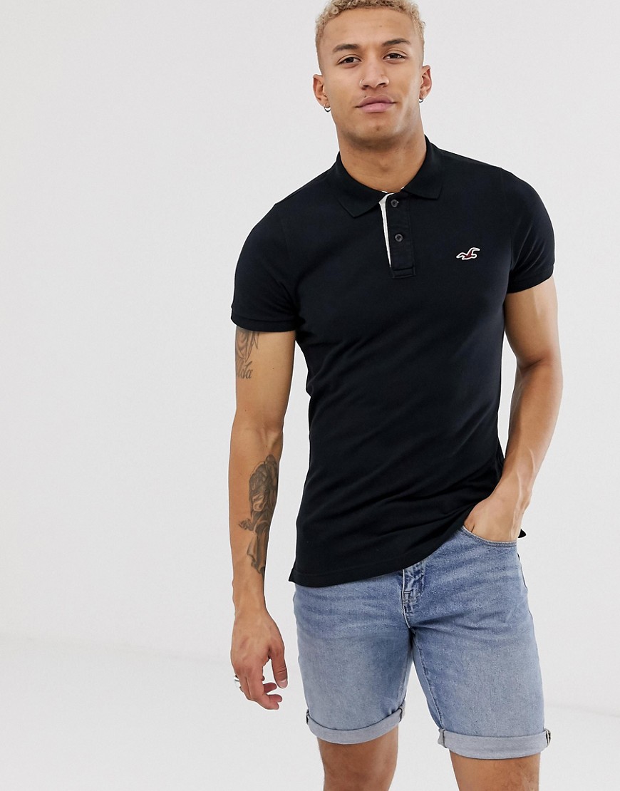 Hollister icon logo modern collar pique polo slim muscle fit in black