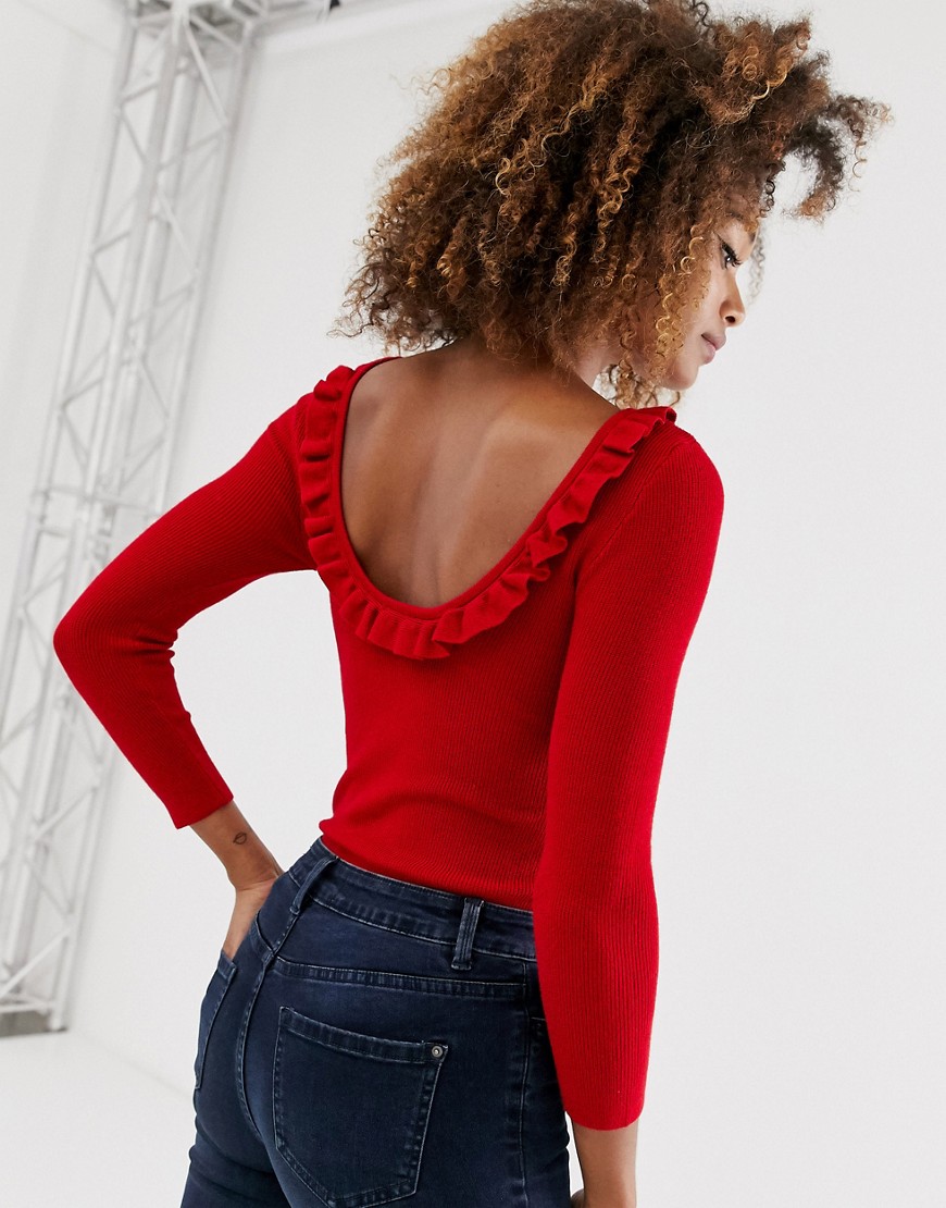 Stradivarius open back jumper with frill detail in red