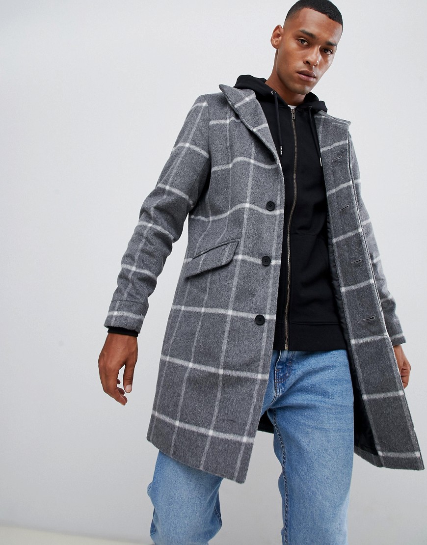 Only & Sons stand collar wool overcoat in grid check