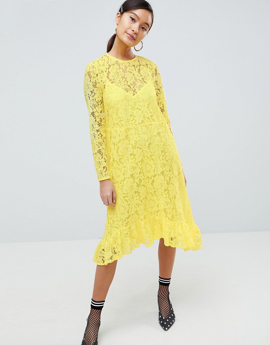 Asos Design Lace Midi Swing Dress With Ruffle Hem-yellow