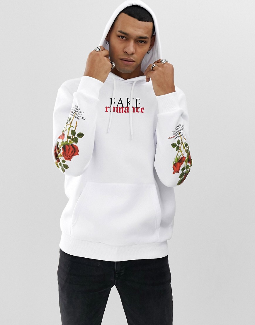 YOURTURN hoodie in white with rose print sleeves