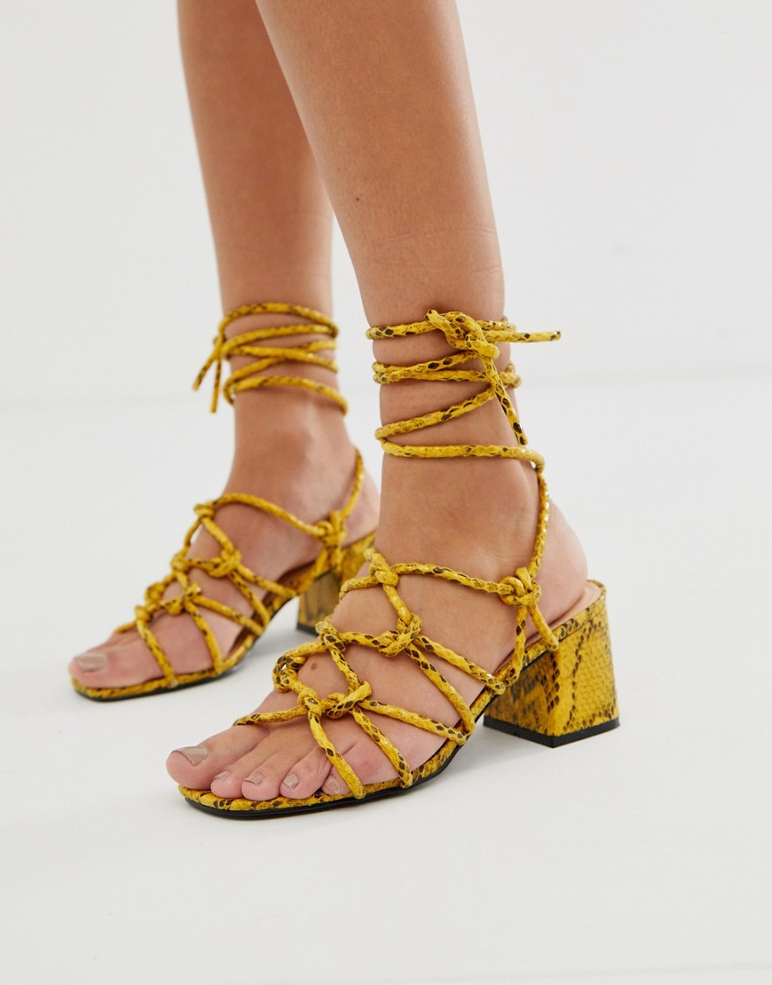 Public Desire Freya bright yellow snake tie up sandals
