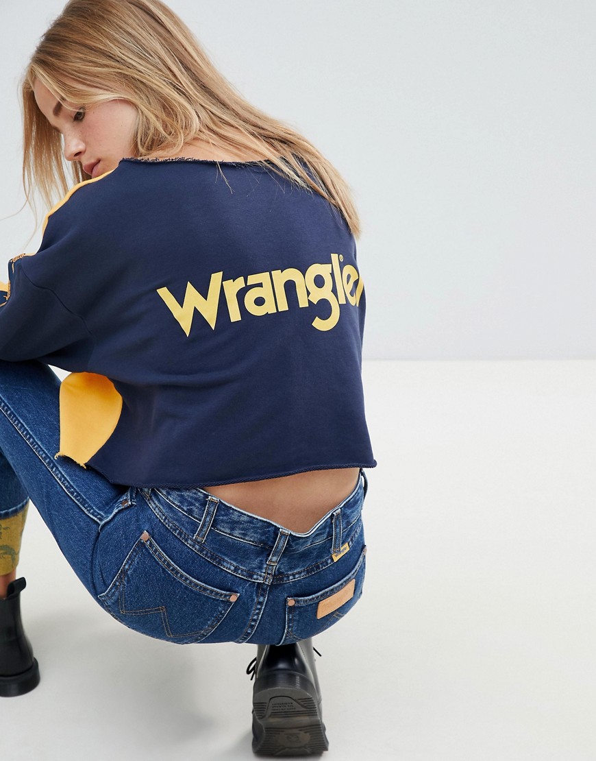 Wrangler blue & yellow raw cropped sweatshirt with horse logo & taping - Amber yellow