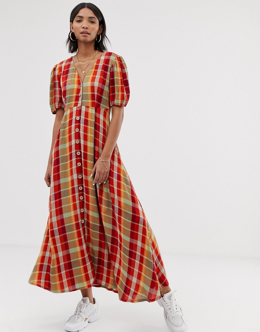 Neon Rose maxi tea dress with puff sleeves in bold check