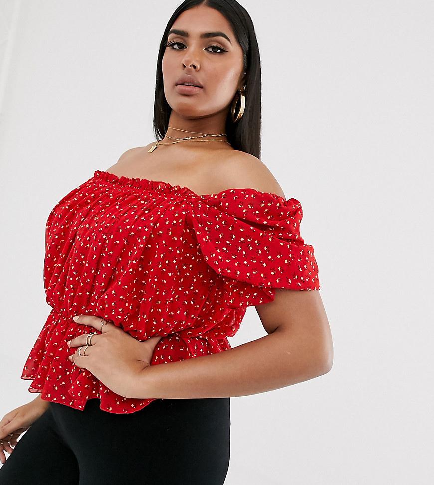 Missguided Plus Exclusive bardot top in ditsy floral print