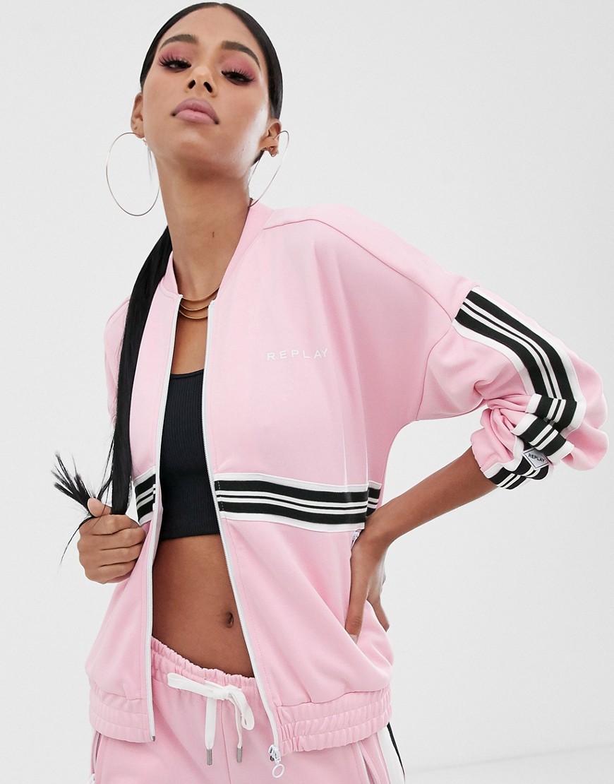Replay Logo track jacket with stripes in pink