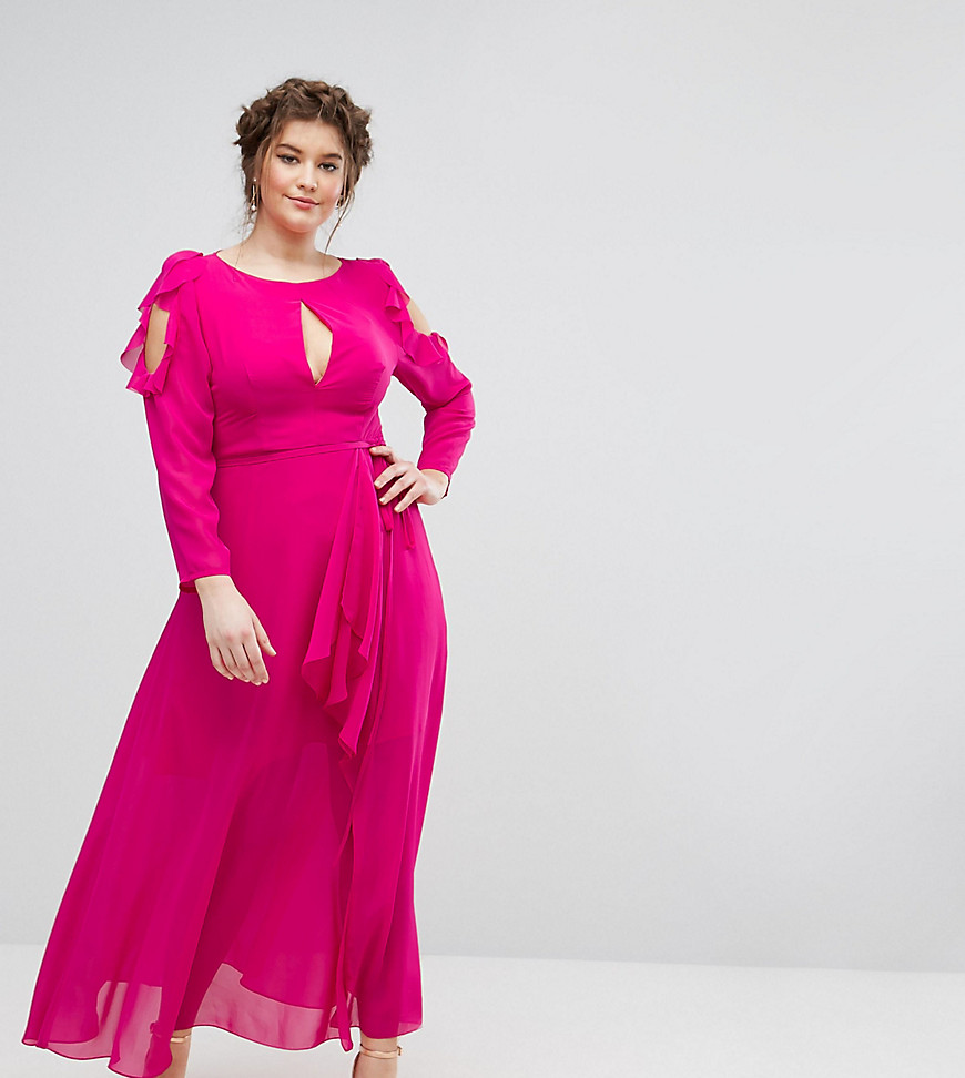 Truly You Ruffle Cold Shoulder Maxi Dress With Tie Waist - Pink