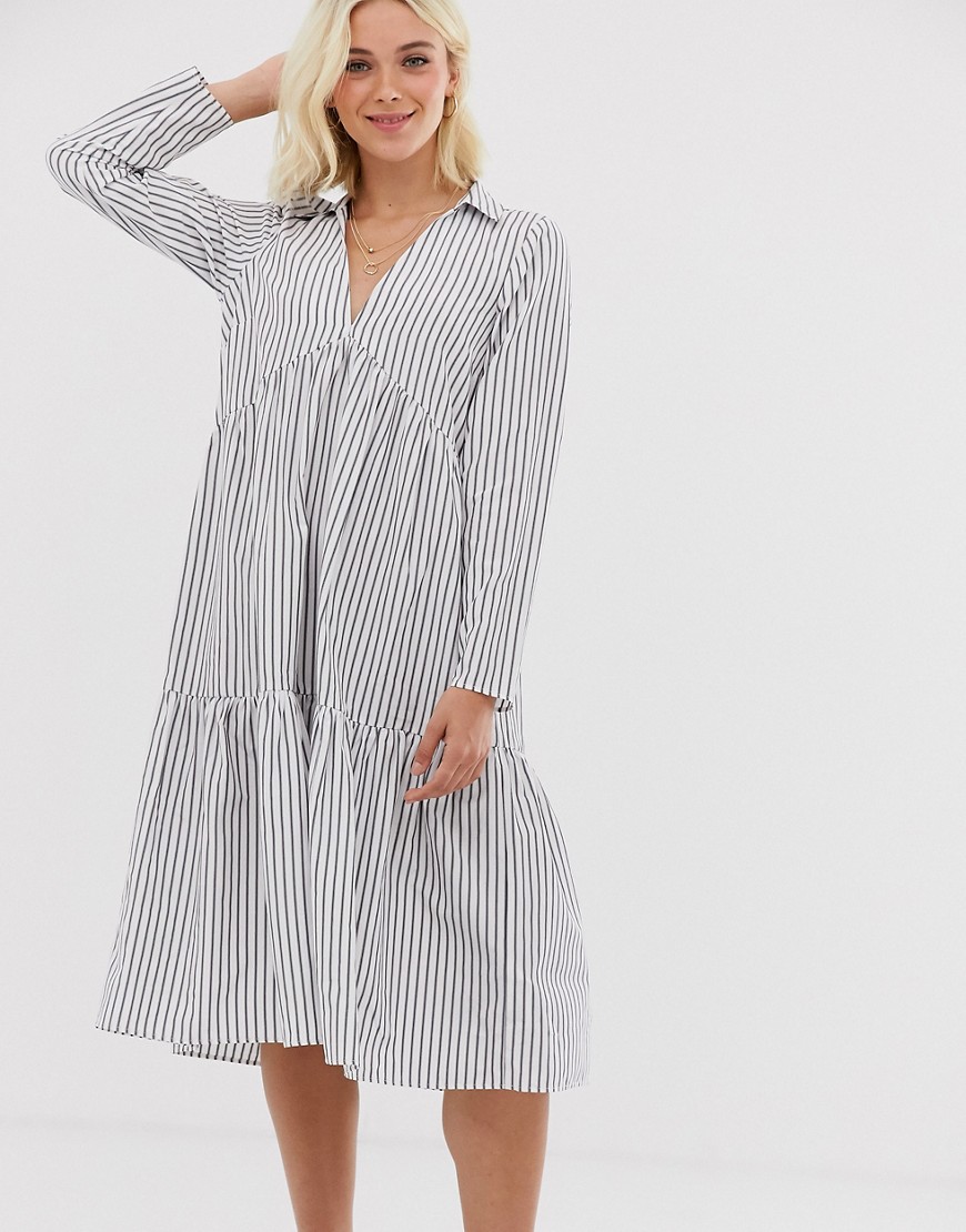Asos Design Tiered Collared Cotton Smock Midi Dress With Long Sleeves In Cut About Stripe-multi