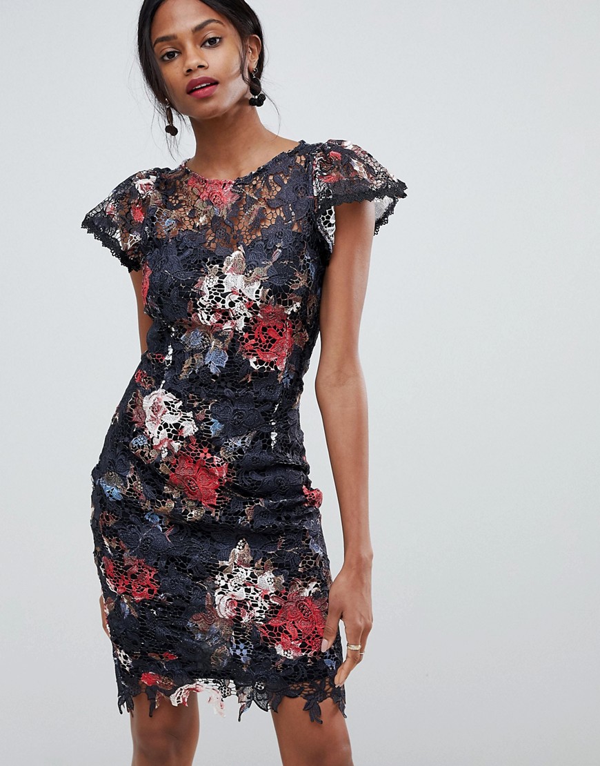 Paper Dolls cappped sleeve all over lace rose printed dress - Black