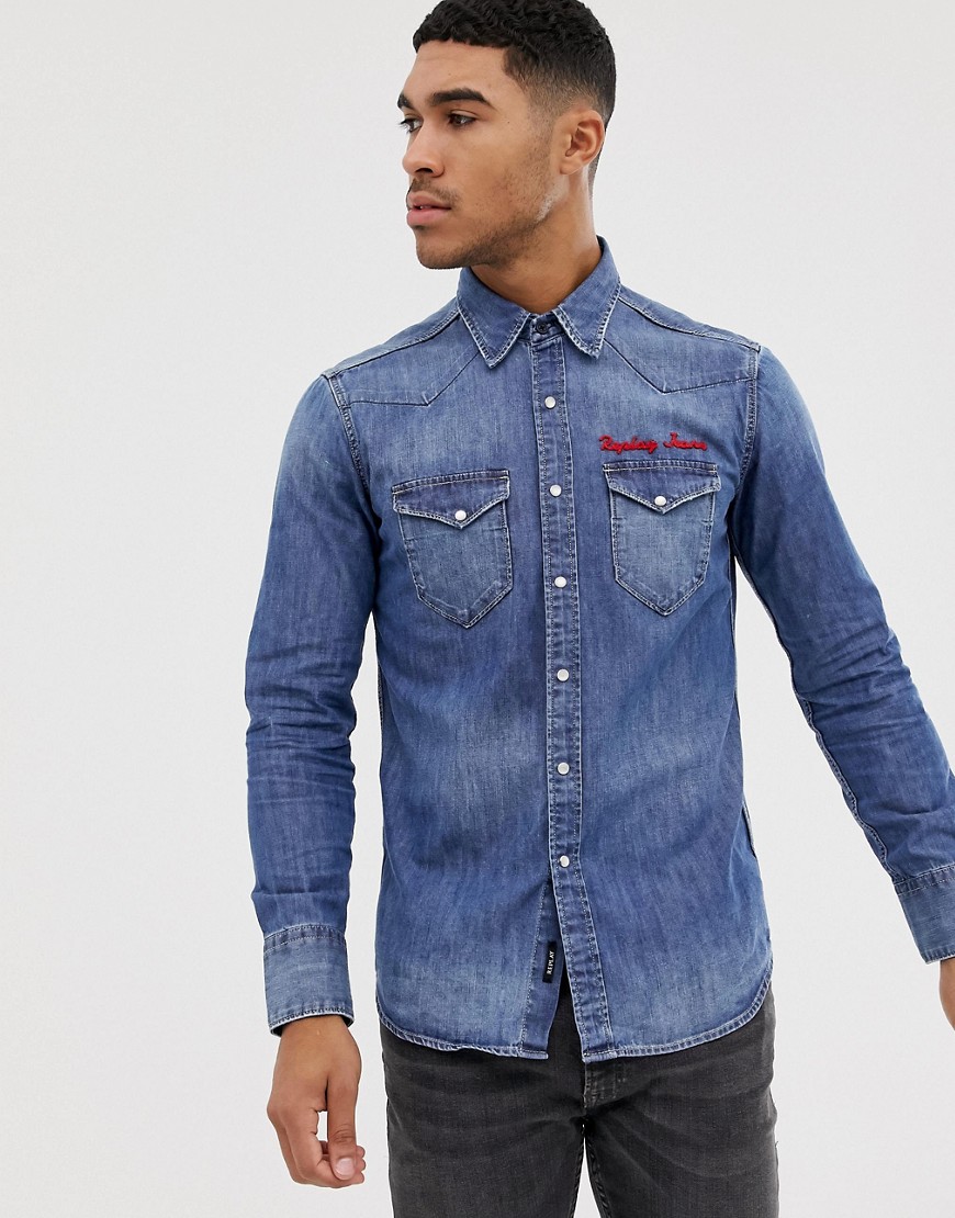 Replay embroidered denim shirt in blue