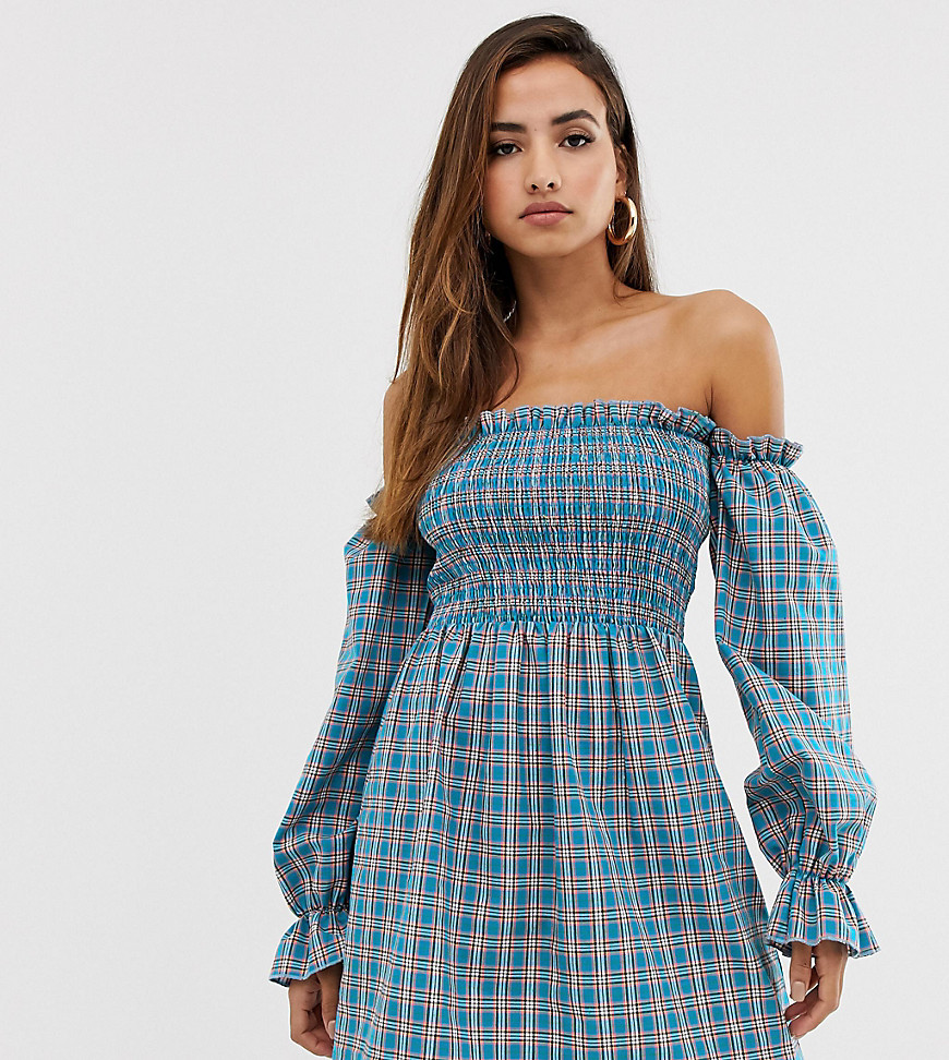 PrettyLittleThing bardot dress with shirred panel and gathered sleeve in blue check