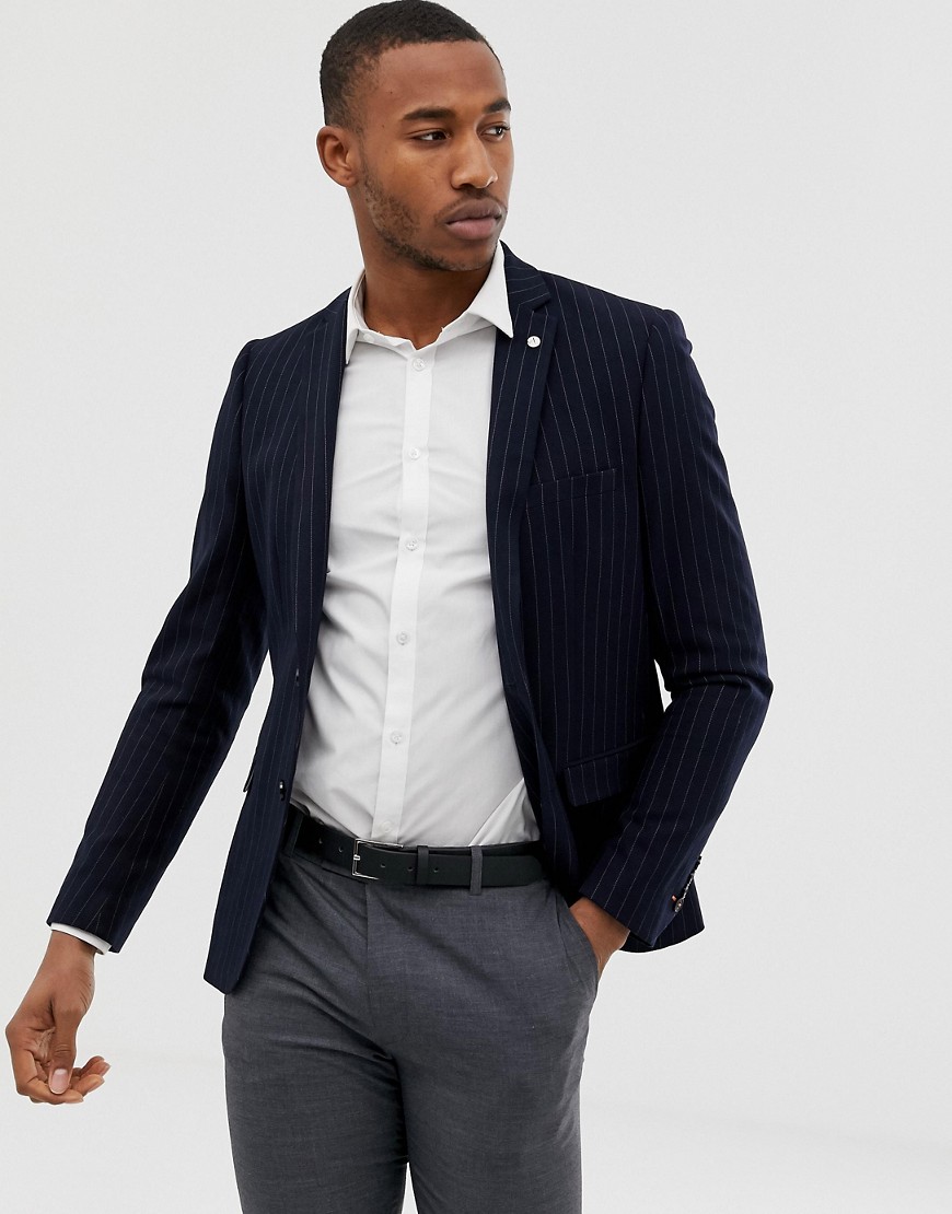 Avail London skinny fit pinstripe suit jacket in navy