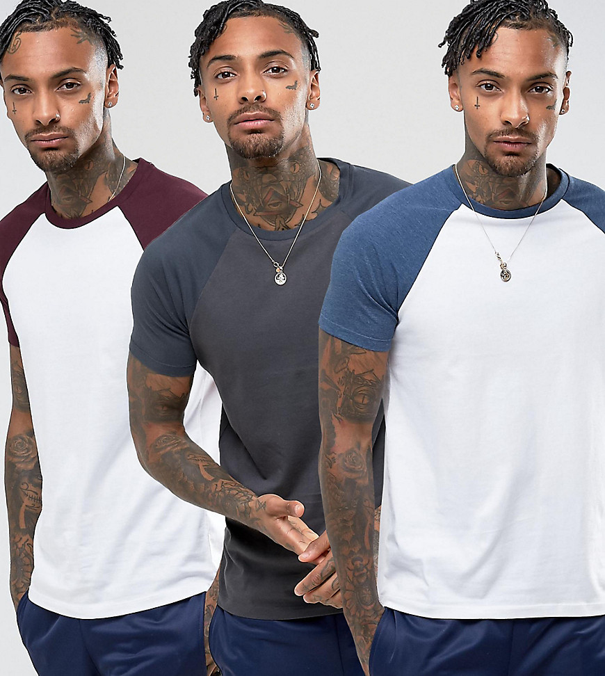 ASOS T-Shirt With Contrast Raglan Sleeves 3 Pack SAVE - Multi