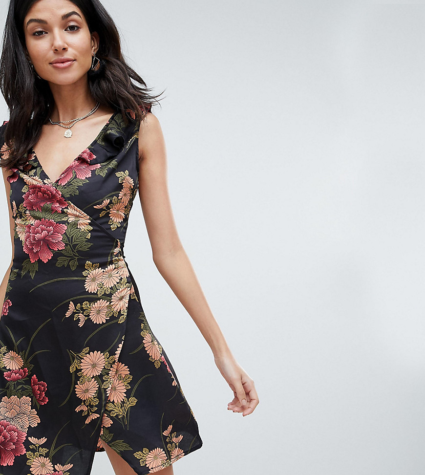 Parisian Tall Floral Print Wrap Dress With Frill Shoulder