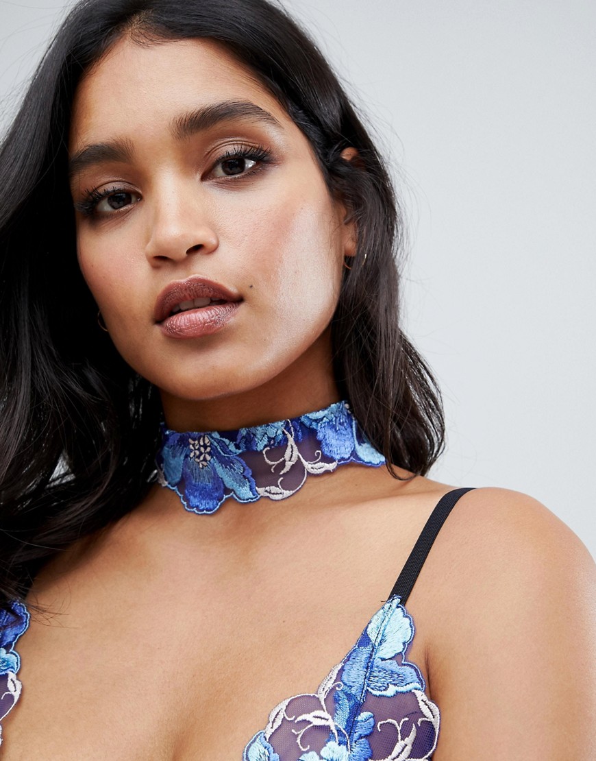 With Love Lilly floral embroidered choker in blue