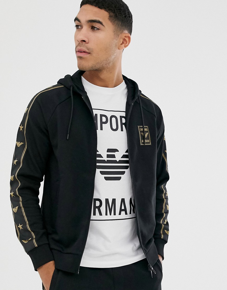 Emporio Armani gold logo taped zip thru hoodie in black